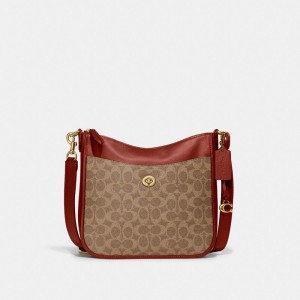 Coach Chaise In Signature Canvas Brass Women Crossbody Bags Brown / Red | UAE_CH92133