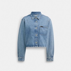 Coach Cropped Denim Button Down Women Tops Blue | UAE_CH63978
