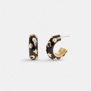 Coach Enamel Signature Floral Huggie Women Earrings Gold / Black | UAE_CH51434