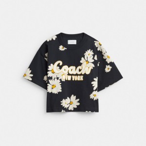 Coach Floral Cropped Signature Script In Organic Cotton Women T Shirts Black | UAE_CH13346