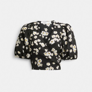 Coach Floral Wrap Blouse Women Tops Black | UAE_CH53729