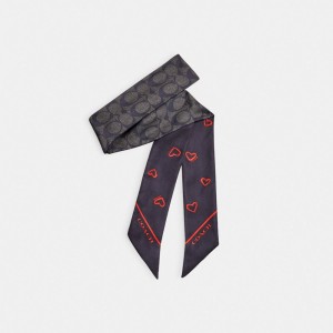 Coach Hearts Print Silk Skinny Women Scarf Black / Red | UAE_CH26893