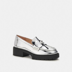 Coach Leah In Metallic Leather Women Loafers Silver | UAE_CH69482