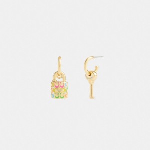 Coach Rainbow Quilted Padlock Key Mismatch Women Earrings Gold | UAE_CH44995