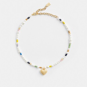 Coach Signature Heart Beaded Pearl Choker Women Necklace Gold | UAE_CH82100