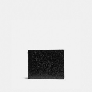 Coach Slim Billfold Wallet With Signature Canvas Detail Pebble Leather Men Billfolds Black / Khaki | UAE_CH47275