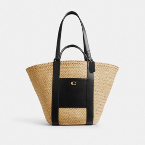 Coach Straw Pocket Brass Women Tote Bag Beige | UAE_CH11254