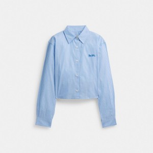 Coach Striped Cropped Button Up Shirt Women Tops Blue | UAE_CH59837