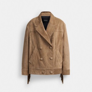 Coach Suede Fringe Women Jackets Dark Beige | UAE_CH23139