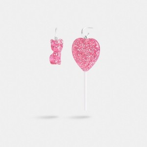 Coach The Lil Nas X Drop Cat And Heart Lollipop Mismatch Women Earrings Silver / Pink | UAE_CH37778
