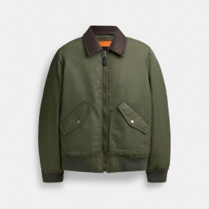 Coach Woven With Leather Collar Men Jackets Green | UAE_CH11007